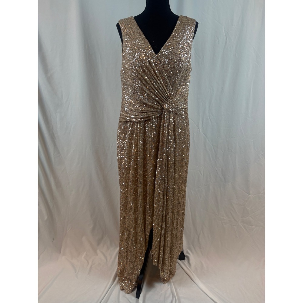 Champagne Gold Sequin Wrap V-Neck Sleeveless Maxi Evening Gown Knot Detail Dress - Picture 2 of 15